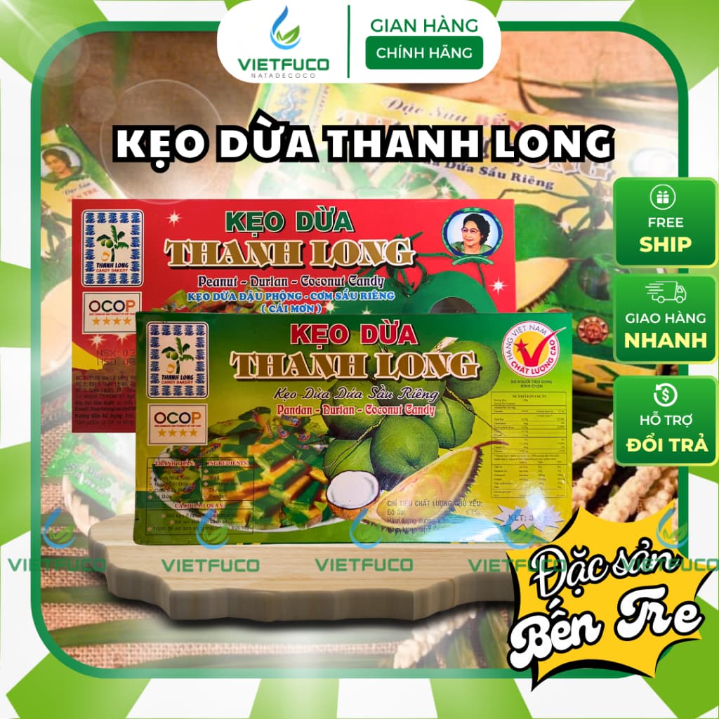 Kẹo Dừa Bến Tre Thanh Long 5 vị, hộp 300g mềm dẻo gói thủ công