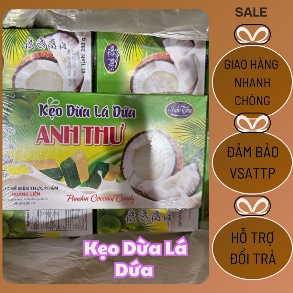 Kẹo Dừa Lá Dứa Đặc Sản Bến Tre, hộp 48 viên loại ngon