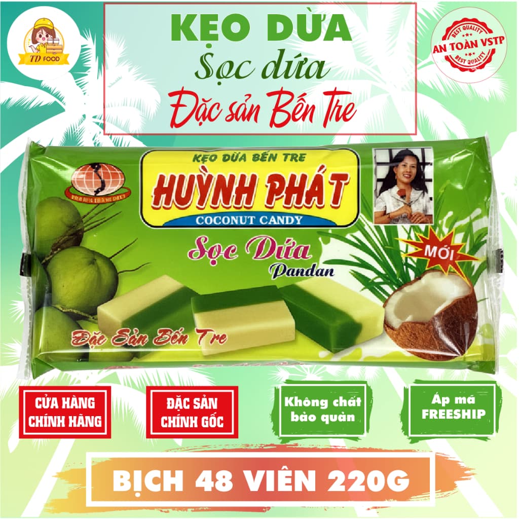 Kẹo Dừa Sọc Dứa Huỳnh Phát Gói Lớn 220 Gram, đặc sản Bến Tre