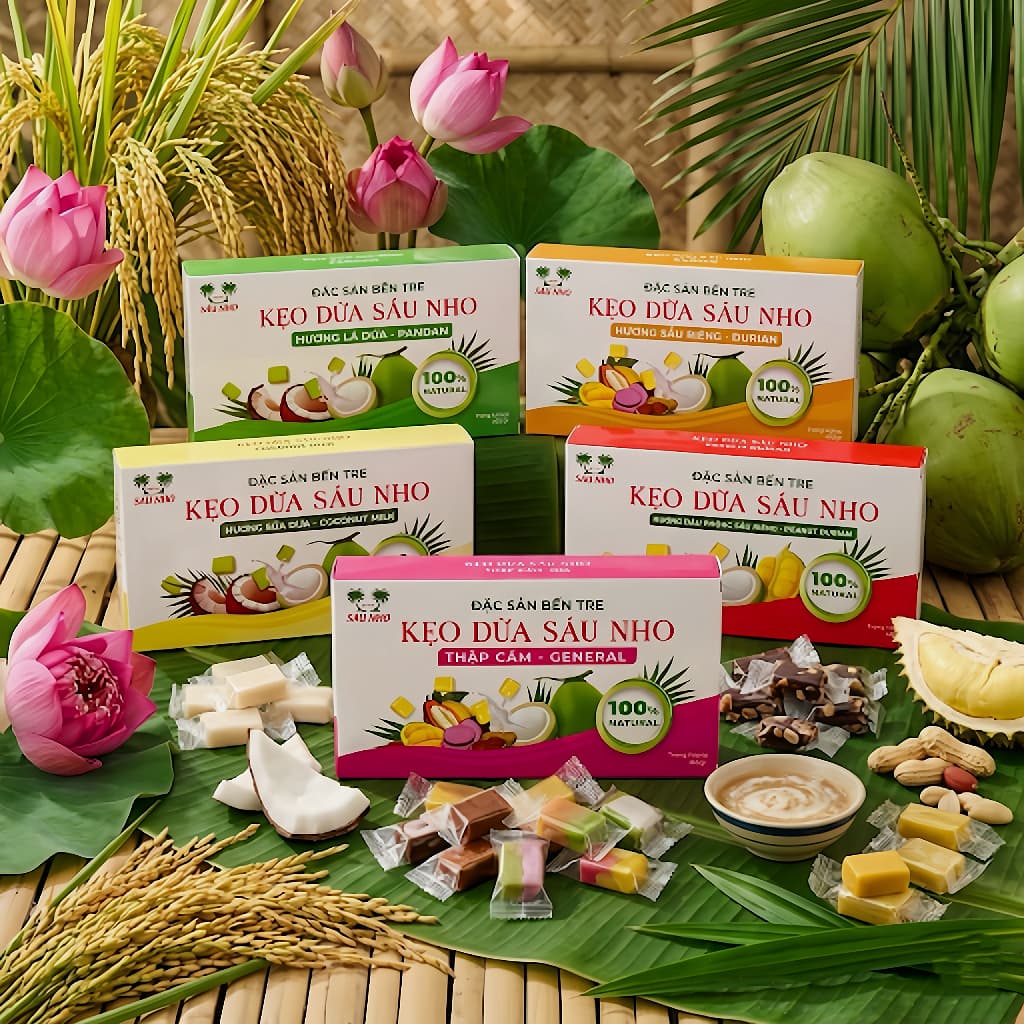 Kẹo Dừa Sáu Nho Truyền Thống 400gr, đặc sản Bến Tre, 5 vị