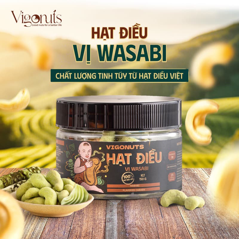 Hạt điều nguyên hạt vị wasabi Vigonuts cao cấp cay nồng bùng nổ