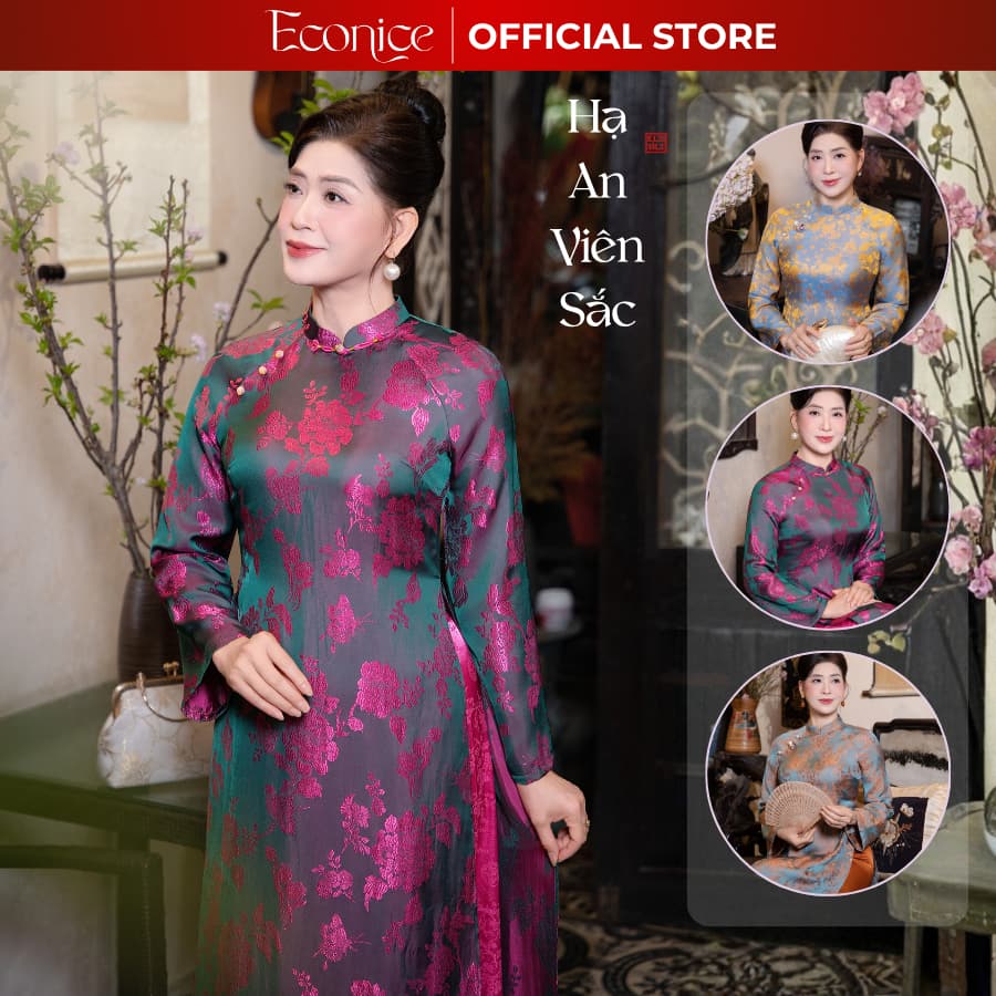 Set áo dài tơ lụa tằm ánh hoàng kim cao cấp sang trọng